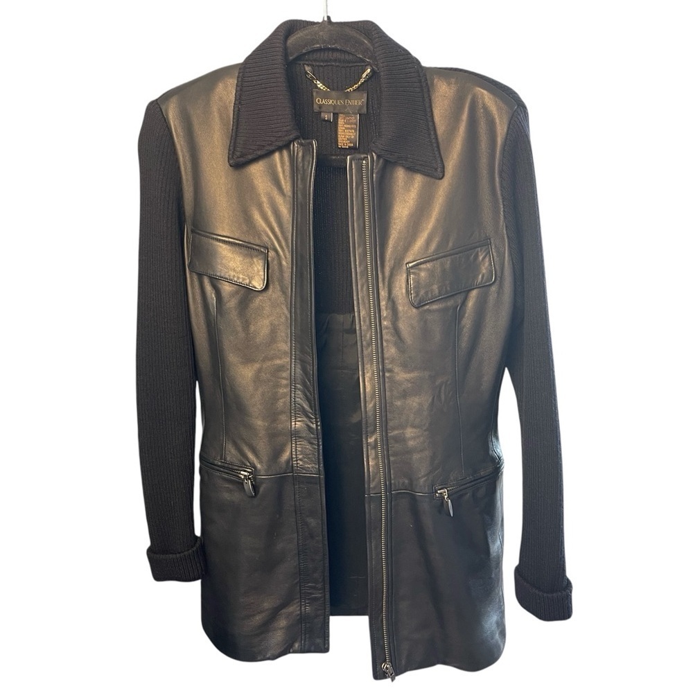 Nordstrom Classiques Entier Black Leather & Merino Wool Jacket, Minimalist, S - Picture 3 of 9